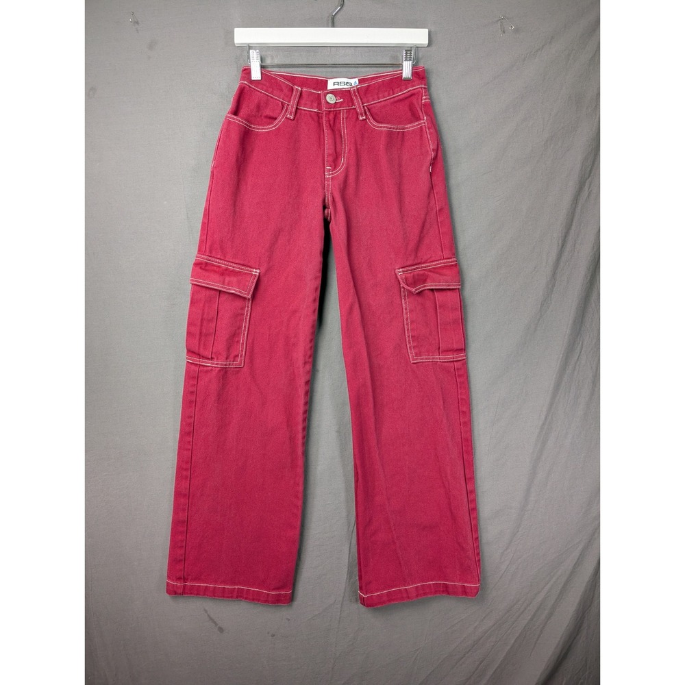 RSQ Womens Cargo Pants Red Contrast Stitch Wide Leg Jeans Size 23 PO 954017
